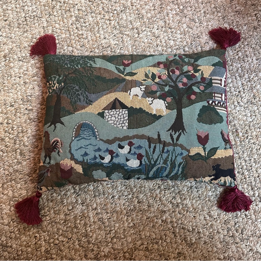 Vintage Tapestry Throw Pillow Country Ducks Rooster Cat Tassels Rectangular